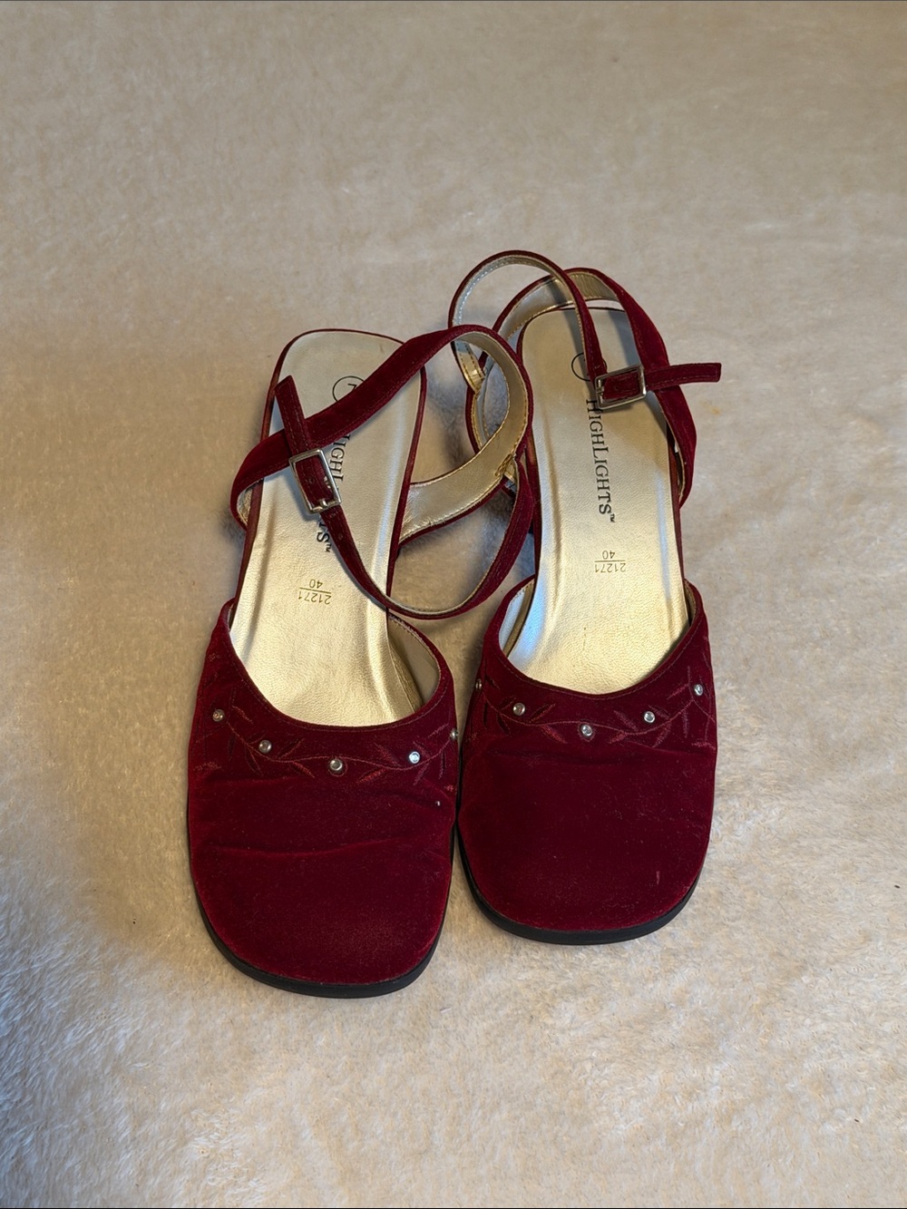 Vintage 90s Highlights Red Velvet Rhinestone Heels Size 7